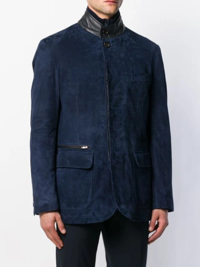 Shop Brioni Two Tone Leather Jacket In Blue