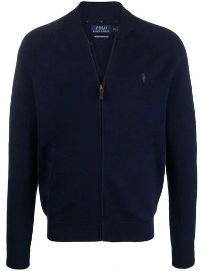 Shop Polo Ralph Lauren Logo Embroidery Zipped Cardigan In Blue