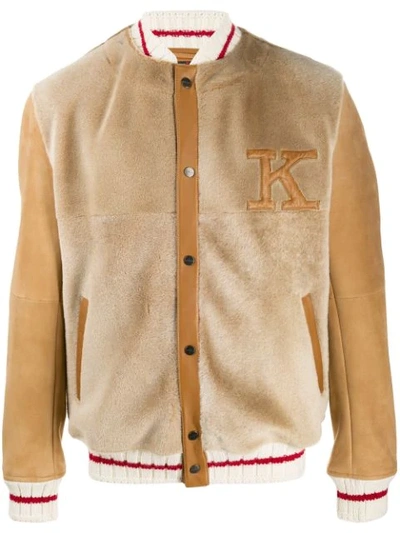 Shop Kiton Panelled Varsity Jacket In 003 Beige