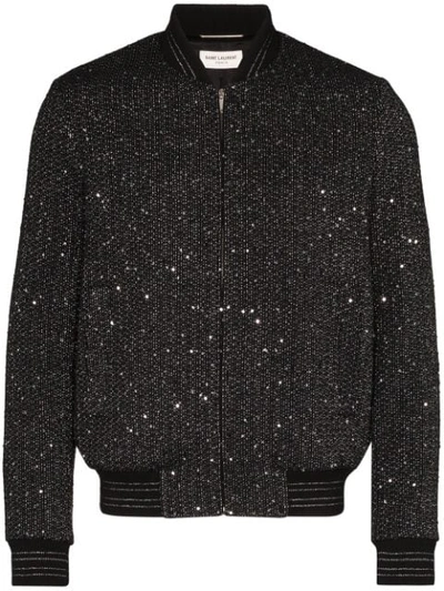 Shop Saint Laurent Teddy Tweed Bomber Jacket In Black