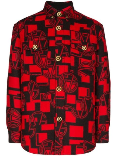 Shop Versace Logo Pattern Button-down Shirt In Red