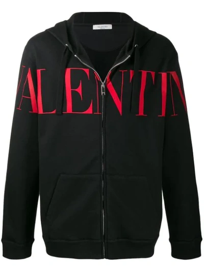 Shop Valentino Logo Print Zipped Hoodie In Black