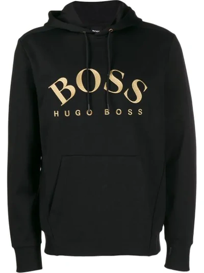 Shop Hugo Boss Embroidered Logo Hoodie In Black