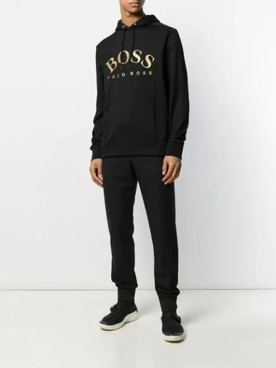 Shop Hugo Boss Embroidered Logo Hoodie In Black