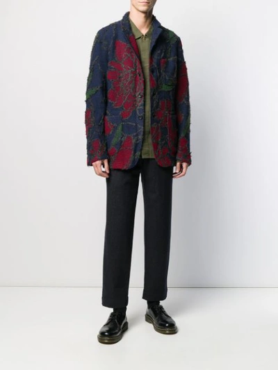 Shop Engineered Garments Textured Floral Patterned Blazer In Blue