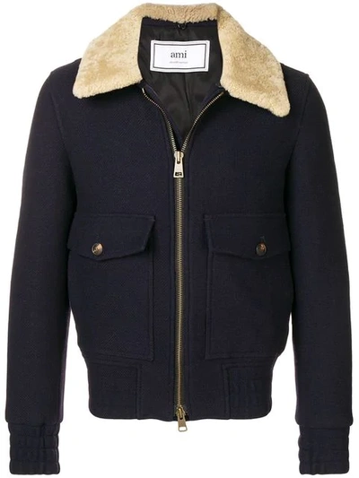 Shop Ami Alexandre Mattiussi Shearling-trimmed Aviator Jacket In Blue