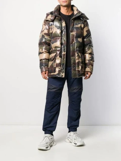 Shop Moncler Camouflage Print Padded Coat In 240 Camo Green