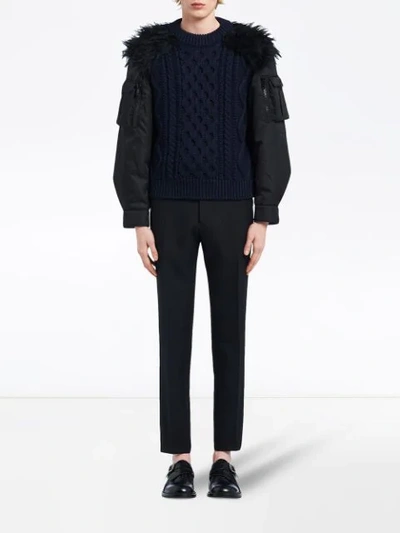 Shop Prada Cablé Wool And Nylon Inserts Jumper In Blue