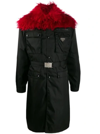 Shop Prada Faux Fur Trim Double Breasted Coat In F050v Nero Cerise