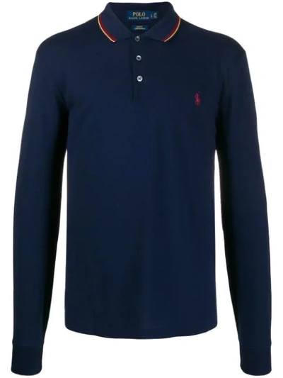 Shop Polo Ralph Lauren Logo Embroidered Long-sleeve Polo Top In Blue