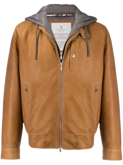 Shop Brunello Cucinelli Hooded Leather Jacket In Brown