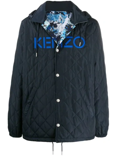 Shop Kenzo Diamond Quilted Logo Coat In Blue