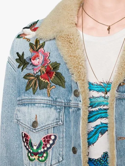 Shop Gucci Shearling Lined Embroidered Denim Jacket In 4417 Blue