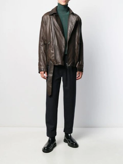 Shop Etro Belted Leather Jacket In Brown