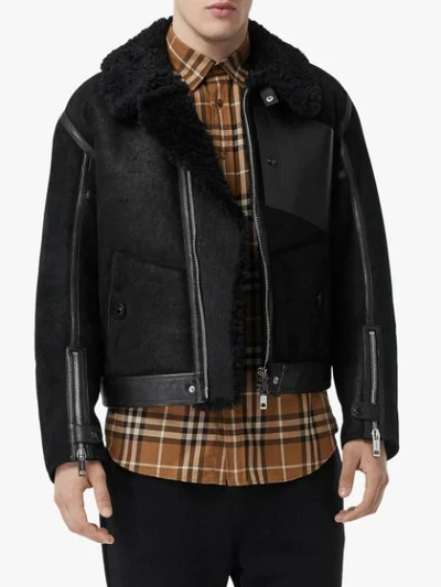 Shop Burberry Shearling And Leather Jacket In Black