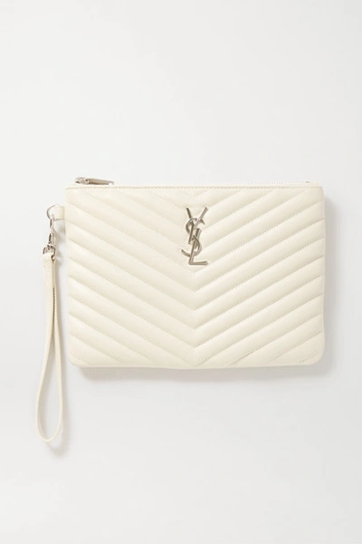 Shop Saint Laurent Monogramme Quilted Textured-leather Pouch In White