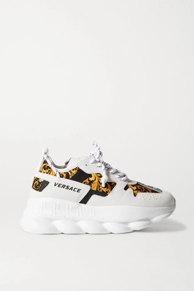 Shop Versace Chain Reaction Suede, Printed Nylon And Leather Sneakers In White