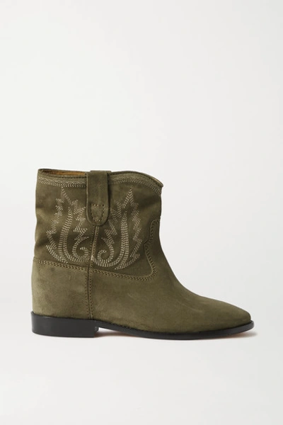 Shop Isabel Marant Crisi Embroidered Suede Ankle Boots In Army Green