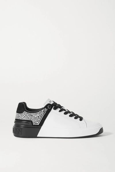 Shop Balmain B-court Crystal-embellished Two-tone Leather And Suede Sneakers In White