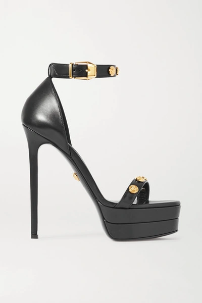 Shop Versace Embellished Leather Platform Sandals In Black
