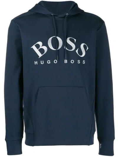 Shop Hugo Boss Logo Print Hoodie In Blue