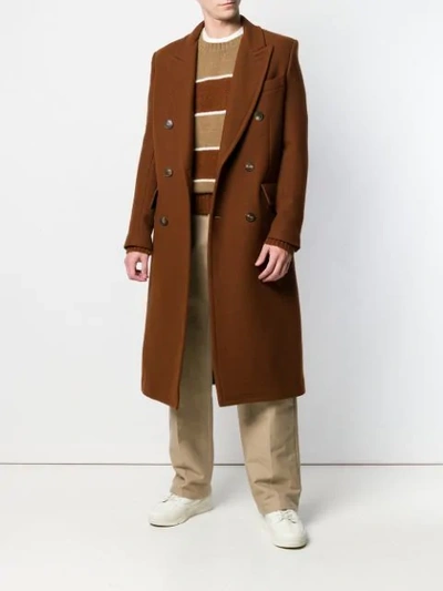 Shop Ami Alexandre Mattiussi Patched Pockets Double-breasted Long Lined Coat In 201 Cognac