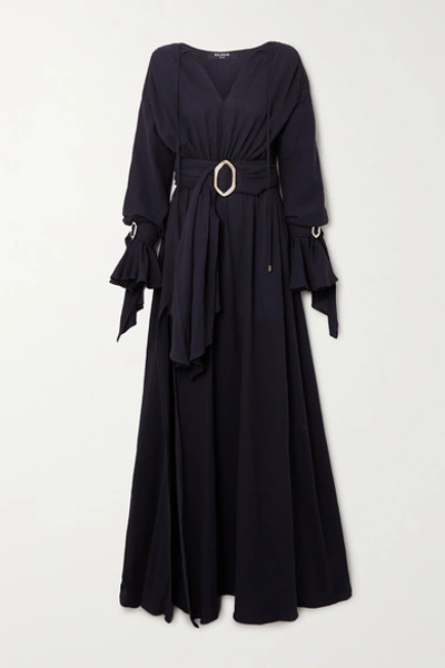 Shop Balmain Belted Cotton-gauze Gown In Black
