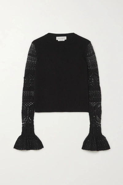 Shop Alexander Mcqueen Ruffled Crochet-knit And Wool Sweater In Black