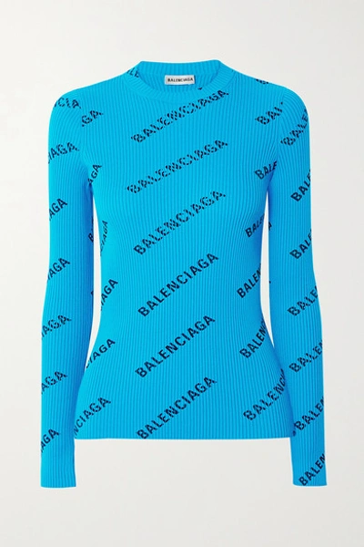 Shop Balenciaga Printed Ribbed-knit Sweater In Blue