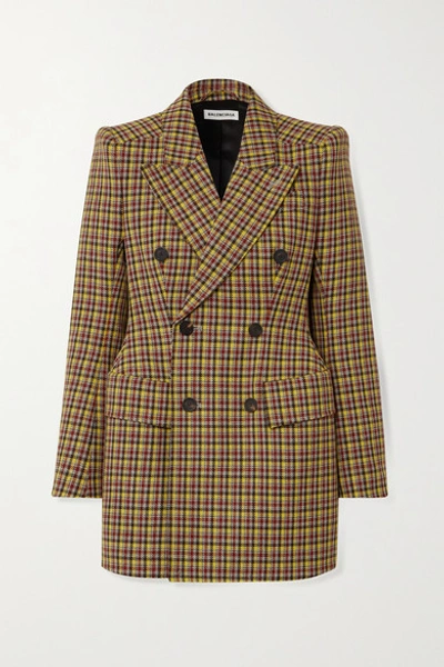 Shop Balenciaga Double-breasted Checked Wool Blazer In Brown