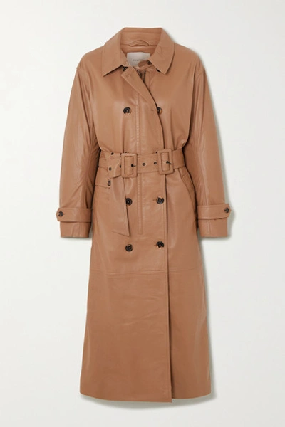 Shop Munthe Belted Double-breasted Leather Trench Coat In Camel