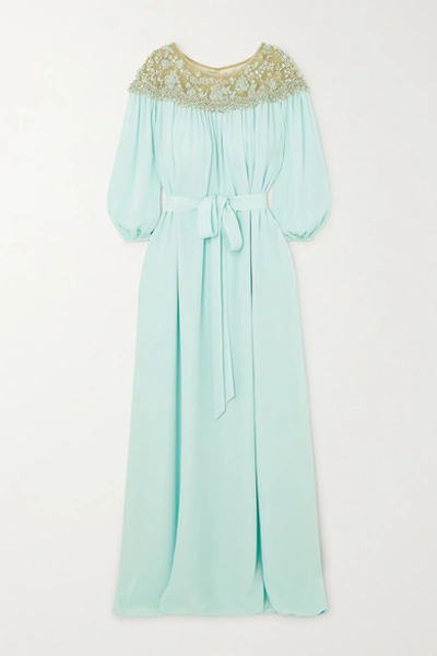 Shop Marchesa Embellished Tulle And Silk Crepe De Chine Gown In Mint