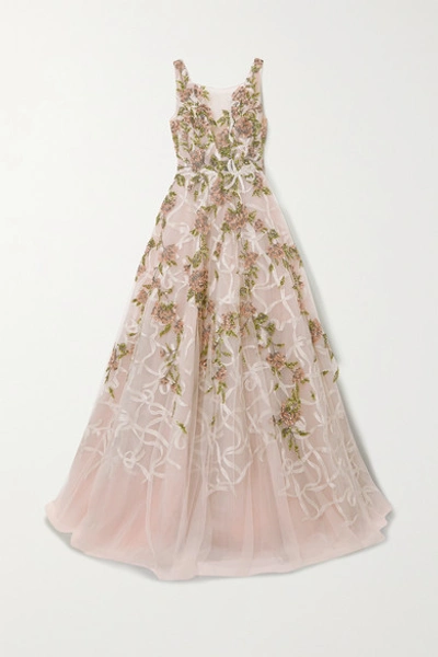 Shop Marchesa Embellished Embroidered Tulle Gown In Blush