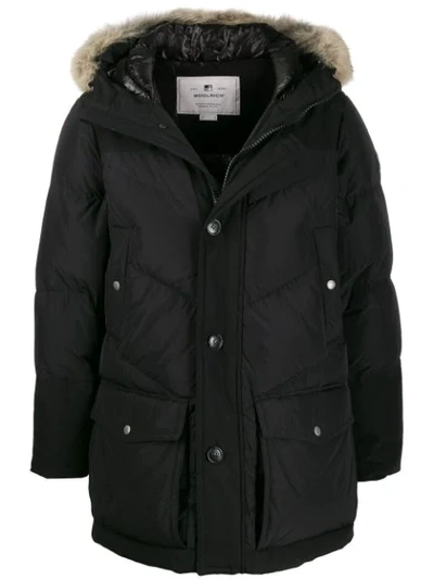 Shop Woolrich Fur-trim Hood Padded Coat In Black