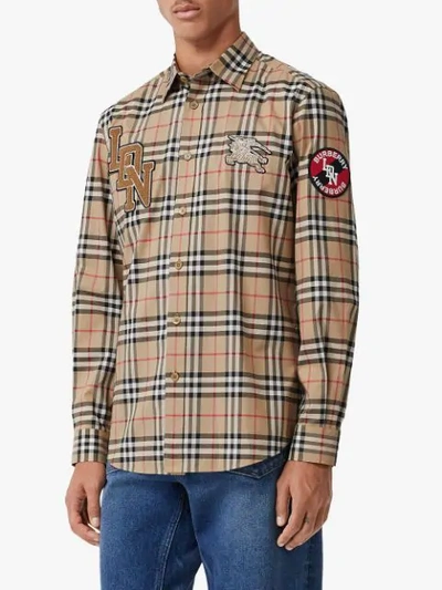 Burberry Check Print Poplin Combe Shirt W/patches In Neutrals 