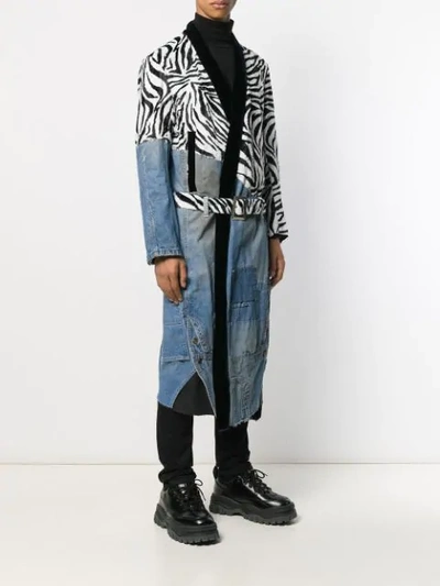 Shop Greg Lauren Contrast Zebra-print Coat In Blue