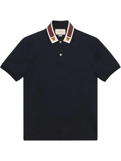 Shop Gucci Web And Feline Head Polo Shirt - Blue