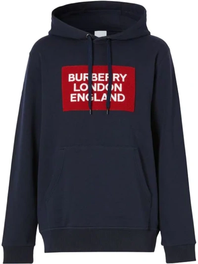 Shop Burberry Logo Patch Drawstring Hoodie In Blue