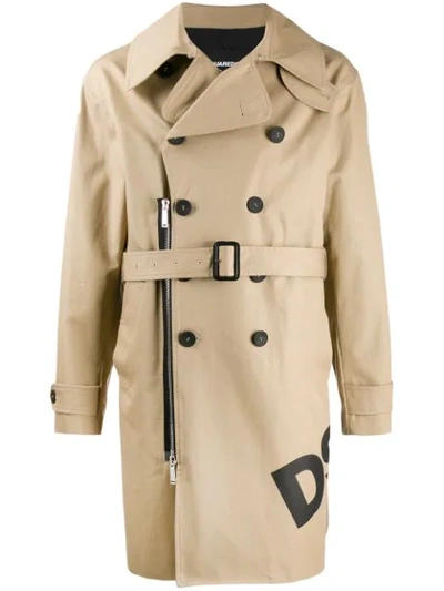 Shop Dsquared2 Double-breasted Printed Logo Trench Coat In Neutrals