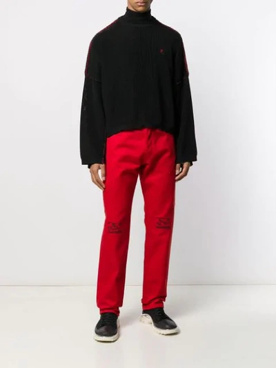 Shop Raf Simons Embroidered High-rise Jeans In Red