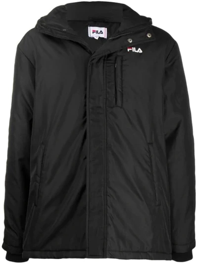 Shop Fila Logo Stripe Hooded Coat In Black