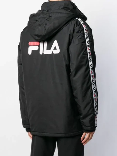 Shop Fila Logo Stripe Hooded Coat In Black