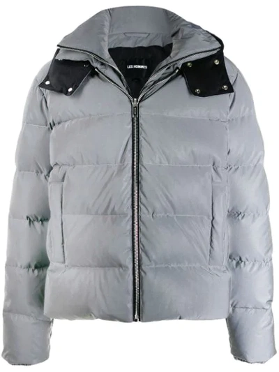 Shop Les Hommes Press Stud Hood Puffer Jacket In Grey