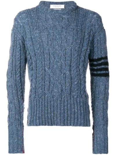 Shop Thom Browne 4-bar Aran Cable Donegal Pullover In 450 Blue