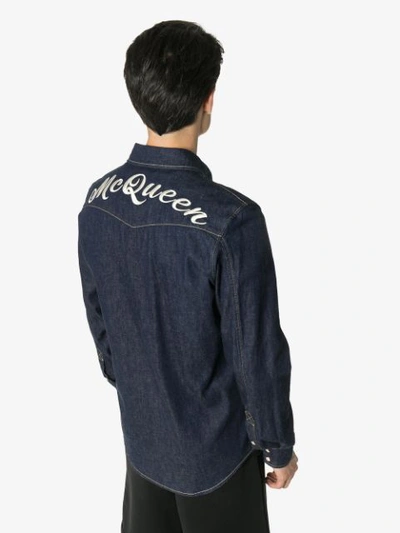 Shop Alexander Mcqueen Embroidered Dark Wash Denim Shirt - Blau In Blue