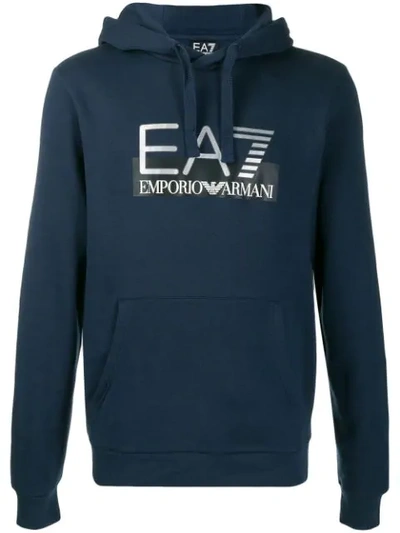 Shop Ea7 Fitted Logo Print Hoodie In Blue