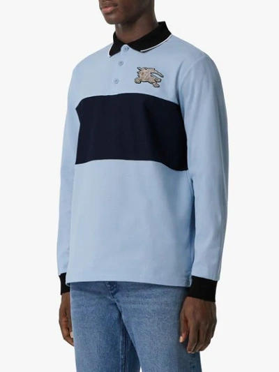 Shop Burberry Logo Embroidered Colour Block Polo Shirt In Blue