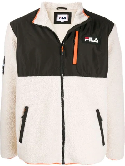 Shop Fila Shearling Logo Jacket In Neutrals