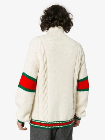 Shop Gucci Cable Knit Web Band Cardigan In 9133 White