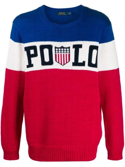 Shop Polo Ralph Lauren Tricolour Badge Sweater In Blue